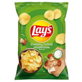 Lays - Creamy Forest Mushroom Crisps (130g) are perfect for any snack time, with packaging showcasing chips, mushrooms, and a dip bowl.